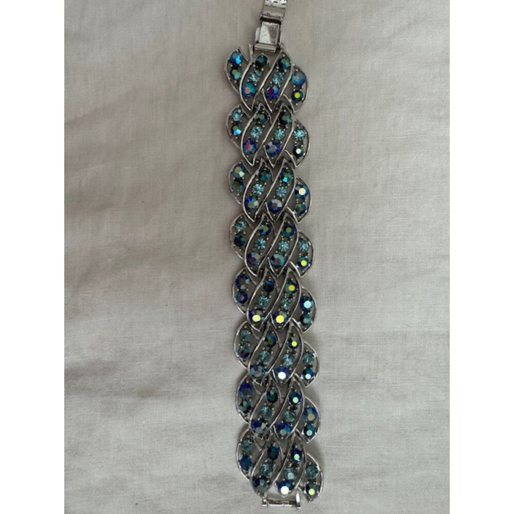 Vintage Blue rhinestone silver-tone wide bracelet.
